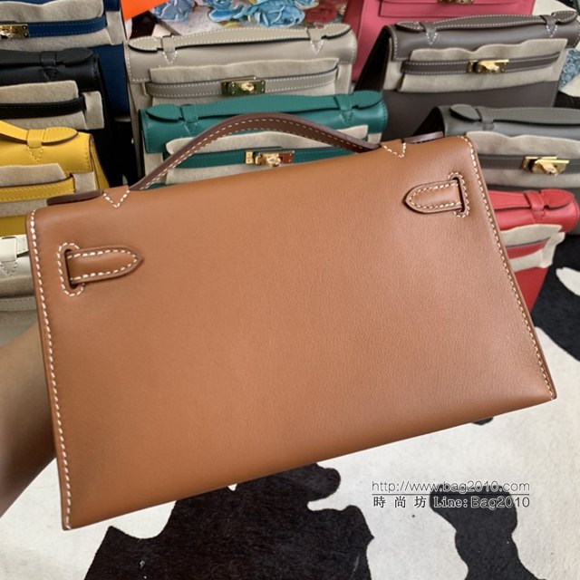 Hermes凱利女包 愛馬仕Minikelly pochette一代 原廠進口swift皮 半手工蠟線 金棕 金銀扣  tdh2261